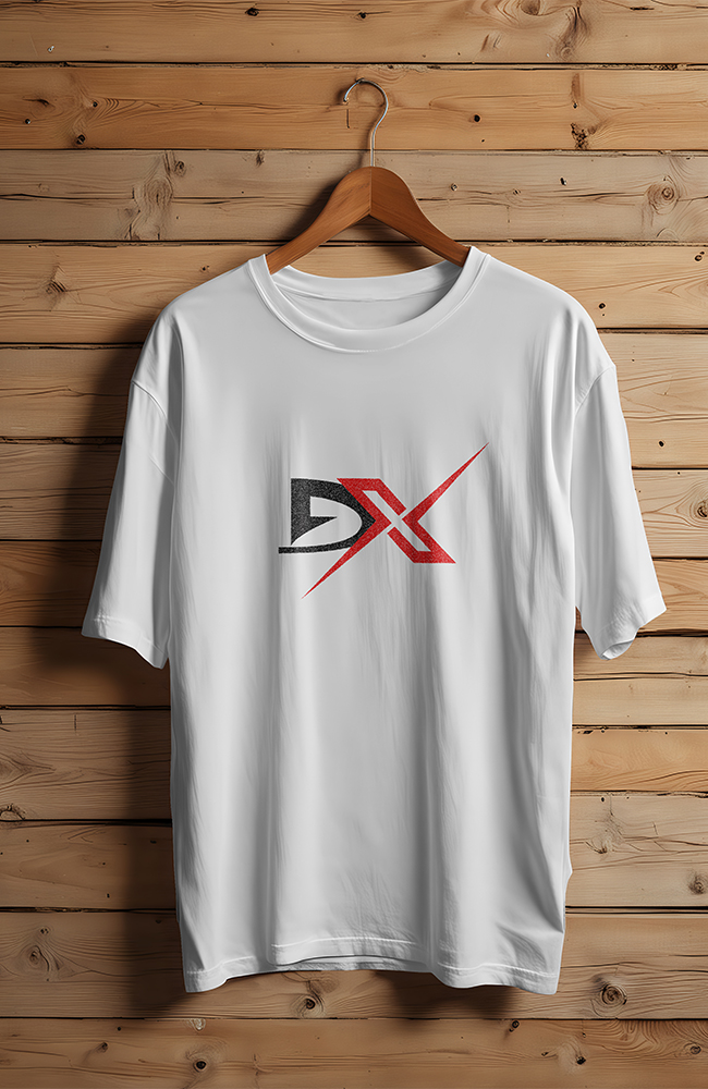 A white T-shirt with the DX Men's Store logo printed on the chest in red and black is displayed on a wooden wall. Digital Marketer