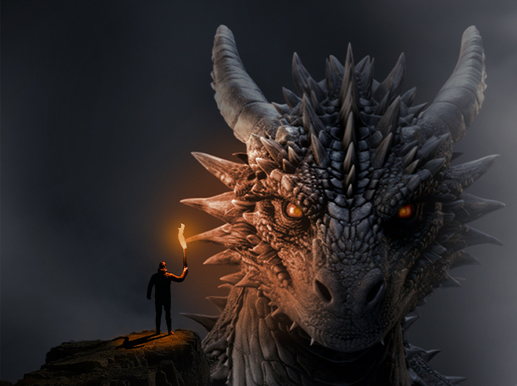 On a rocky cliff in a fog-engulfed scene, a man holding a torch faces a huge dragon with glowing eyes. Digital Marketer