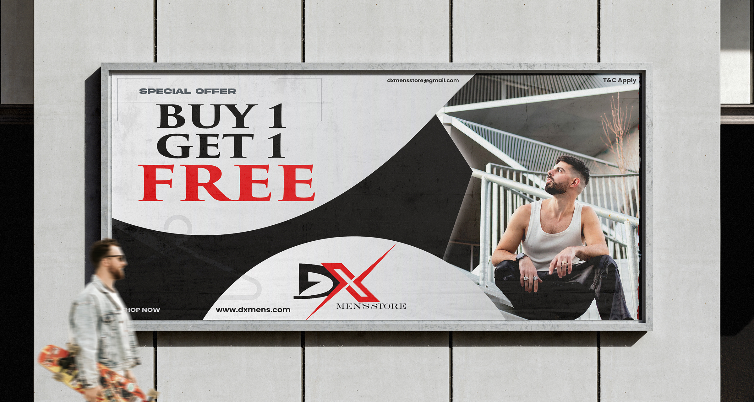 Large billboard for the DX Men's Store on a concrete wall with the DX logo at the bottom, a man in casual clothing sitting on steps, and the words "Buy 1 Get 1 Free" in black and red. Digital Marketer