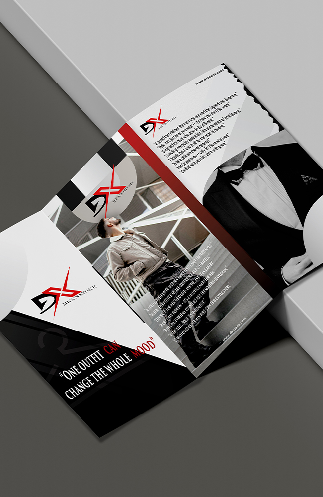 A mockup of a tri-fold brochure for DX Men's Store with the DX logo, fashionable men's clothing, and the slogan "One outfit can change the whole mood" displayed on a gray and white background. Digital Marketer