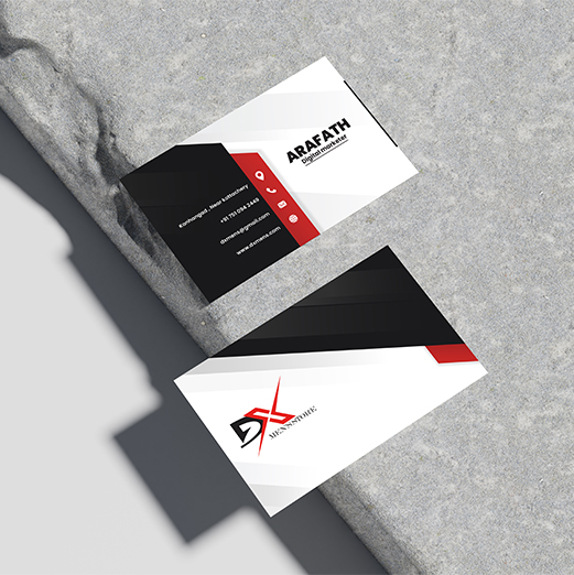 "Business card design with the name 'ARAFATH' and the 'DX' logo in a contemporary black, white, and red color scheme.". Digital Marketer