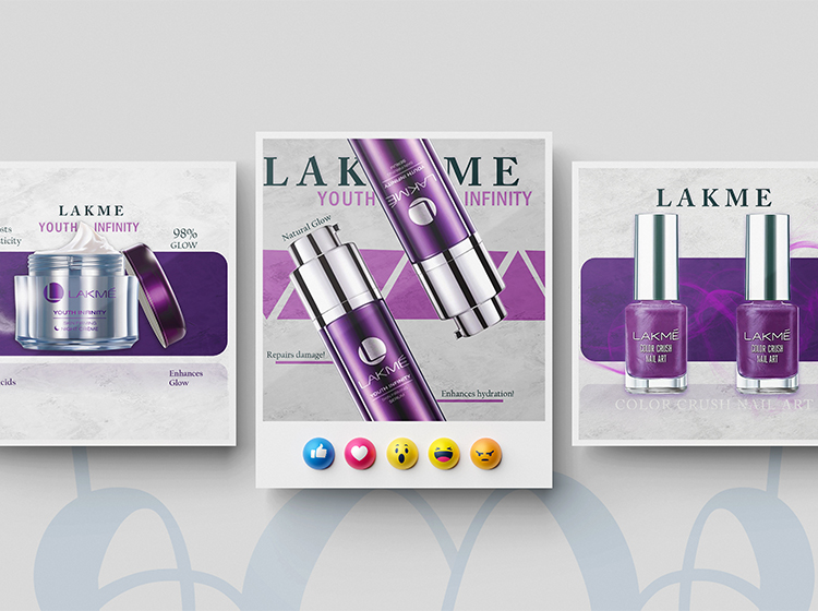 Three Instagram-style marketing posts featuring Lakme products: purple-hued Color Crush Nail Art nail polishes, Youth Infinity night cream, and Youth Infinity serum. Digital Marketer