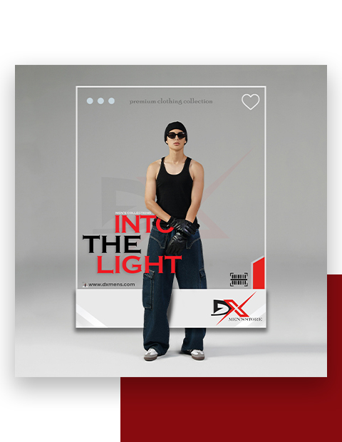 showcasing a DX Men's Store advertisement with the caption "Into The Light" and a male model dressed in baggy jeans, a sleeveless black top, and black sunglasses. Digital Marketer