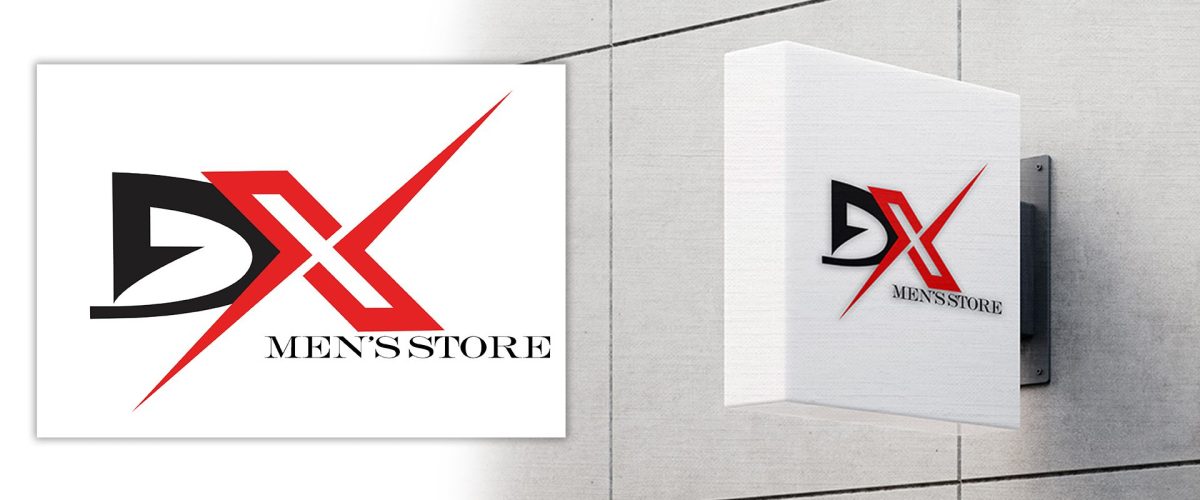 The DX Men's Store logo is displayed on a contemporary signboard on a gray wall. The bold design of the logo features the letters "DX" in red and black, followed by the words "MEN'S STORE" underneath and a sharp red diagonal stroke. Digital Marketer